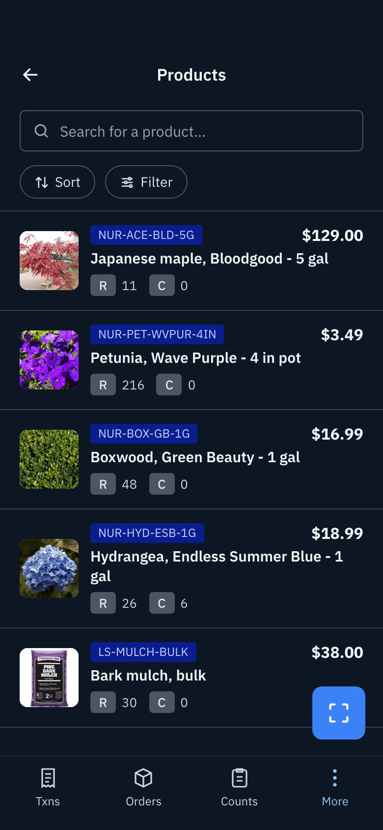 The Rundoo Staff app on a phone listing a Bloodgood Japanese maple, Wave Purple petunias, Green Beauty boxwood, Endless Summer hydrangea and bulk bark mulch, each with its price and on-hand stock at the Redwood City and Chicago stores