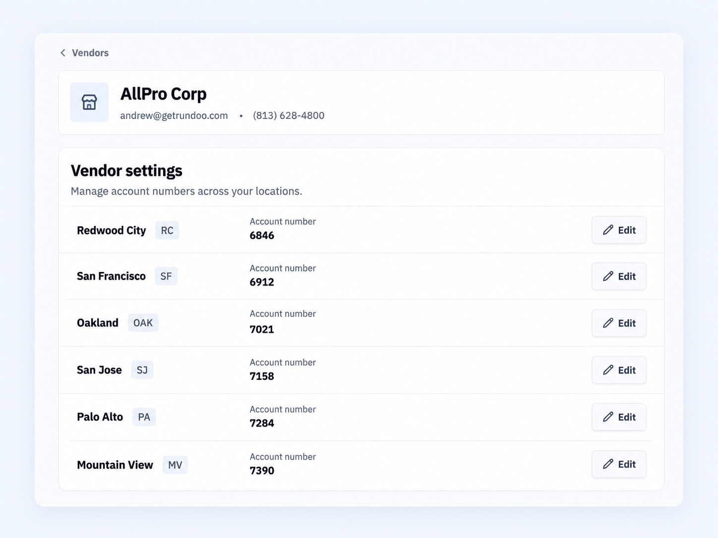 ALLPRO vendor settings in Rundoo, with an account number for each store location.