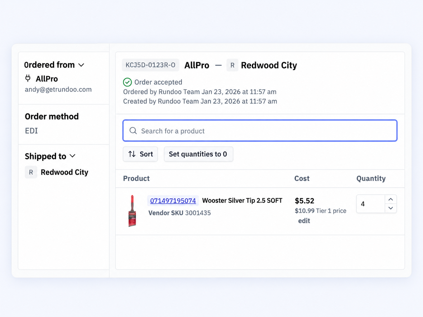 A Rundoo purchase order to ALLPRO with the order method set to EDI.
