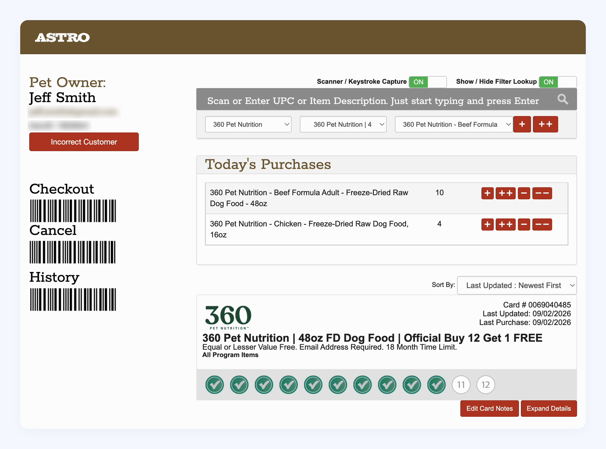 Astro's checkout for a pet owner, listing today's 360 Pet Nutrition purchases above a Buy 12 Get 1 Free frequent buyer card with ten of twelve punches filled.