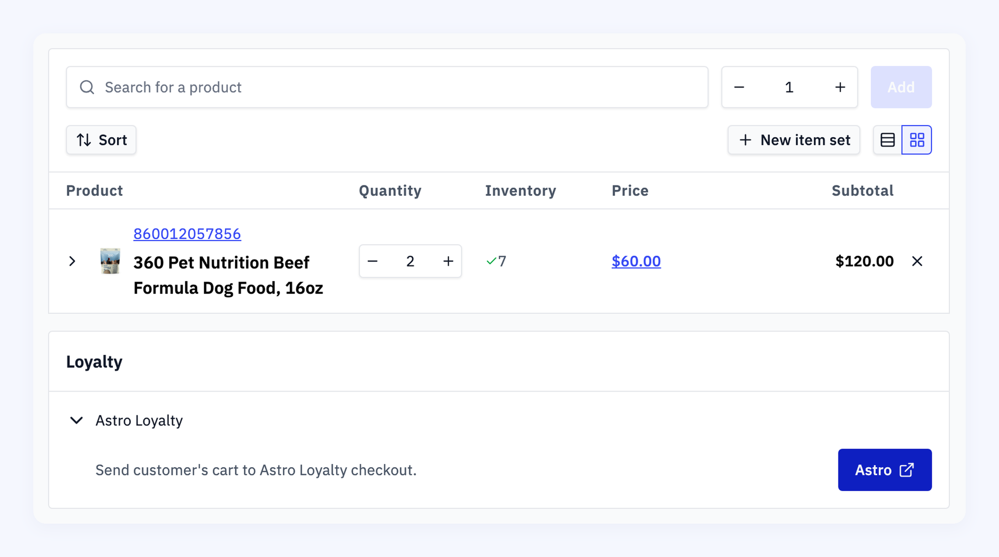 A Rundoo sale with two bags of 360 Pet Nutrition Beef Formula dog food on the ticket, and the Loyalty card below it with the Astro Loyalty row open and the Astro button that sends the customer's cart to Astro's checkout.