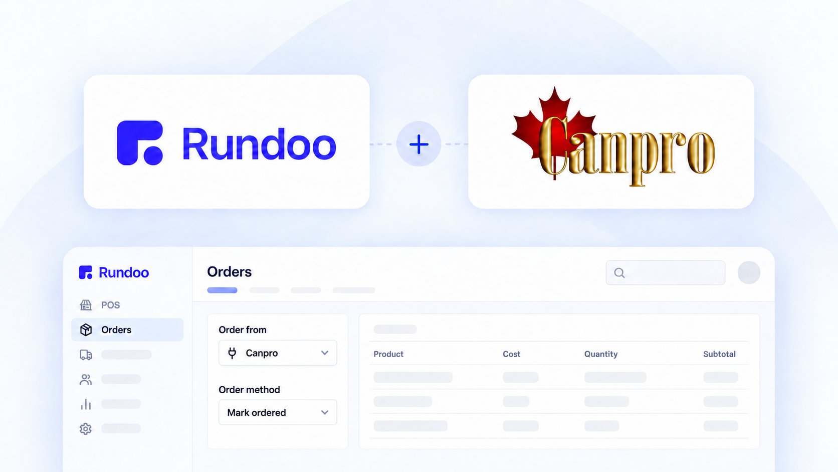 The Rundoo and Canpro logos above a Rundoo purchase order.