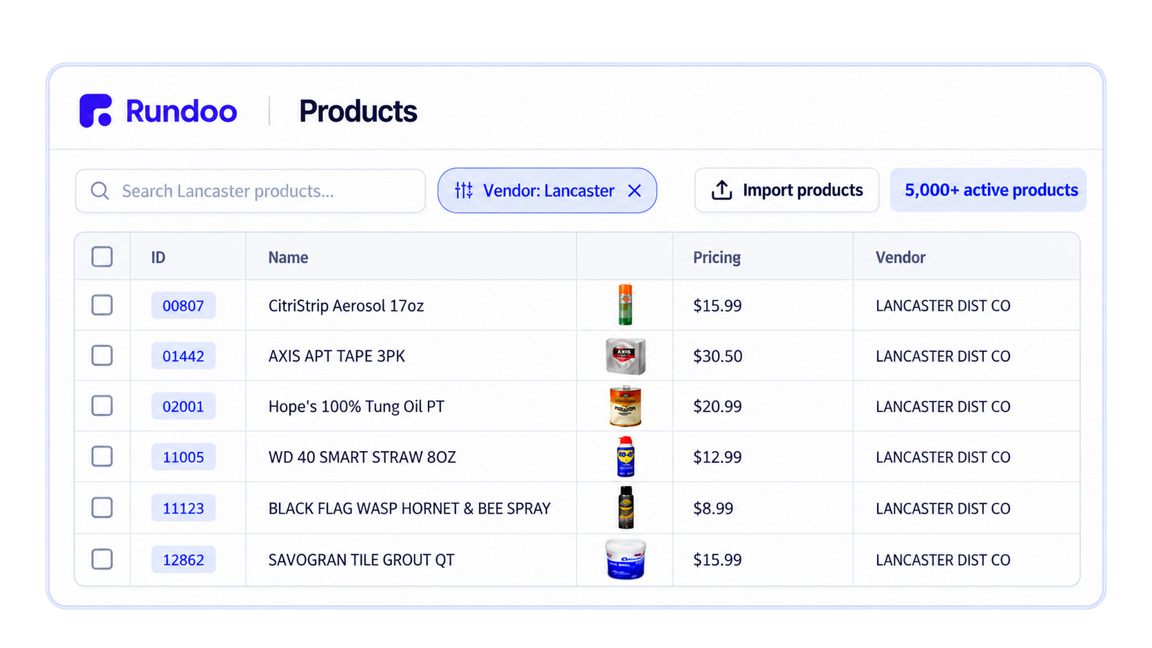 Rundoo's product list filtered to Lancaster, showing Lancaster sundries with their item numbers and prices.