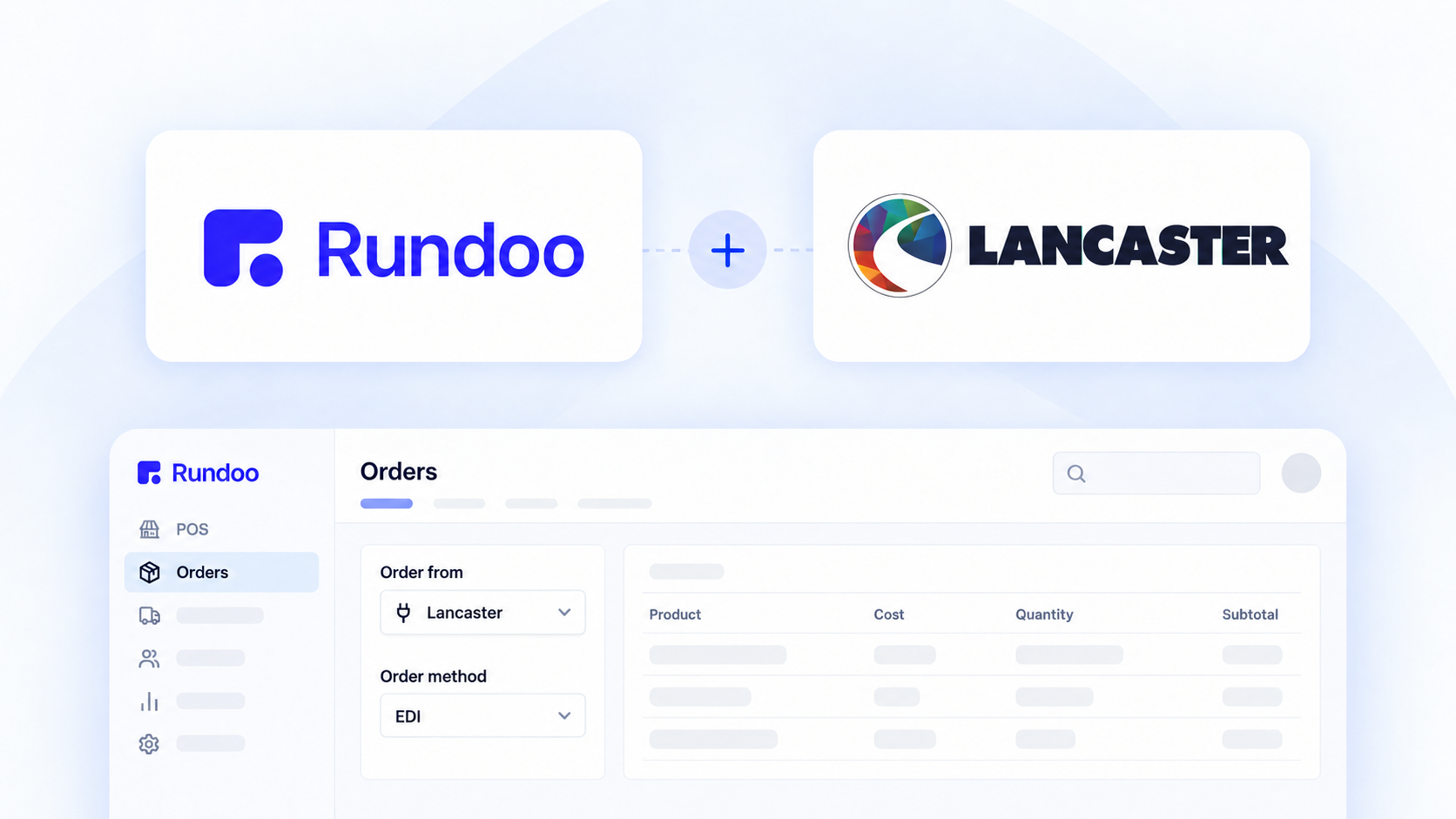 The Rundoo and Lancaster logos above a Rundoo purchase order to Lancaster.
