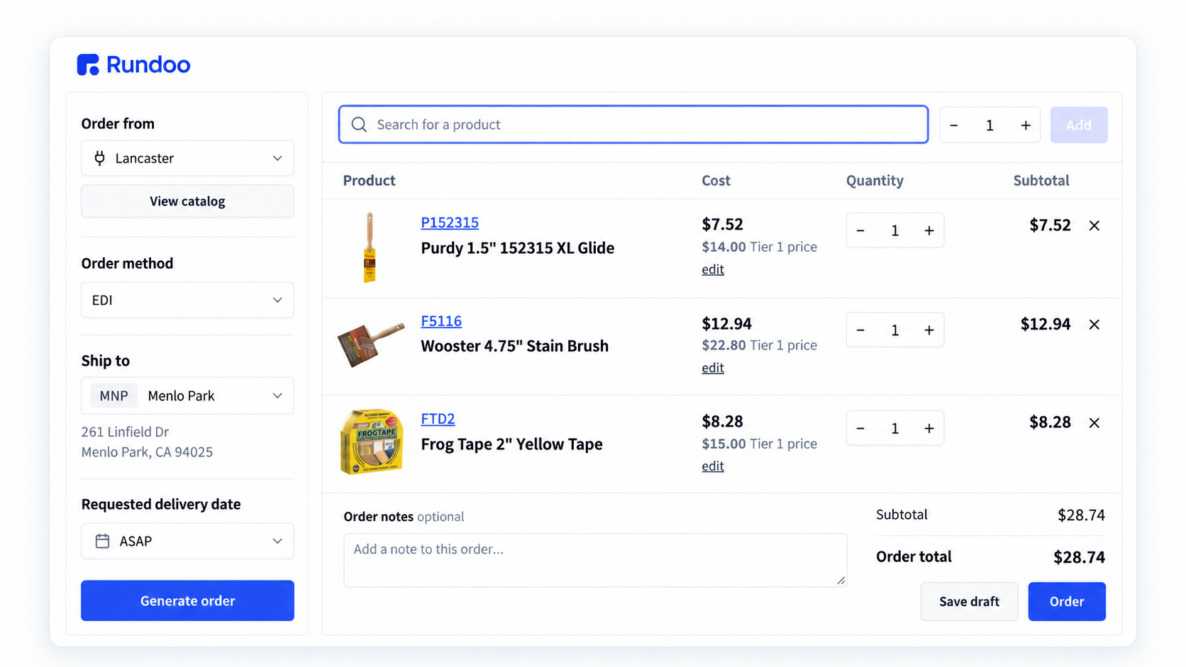 A Rundoo purchase order to Lancaster with Purdy, Wooster, and FrogTape items in the cart.