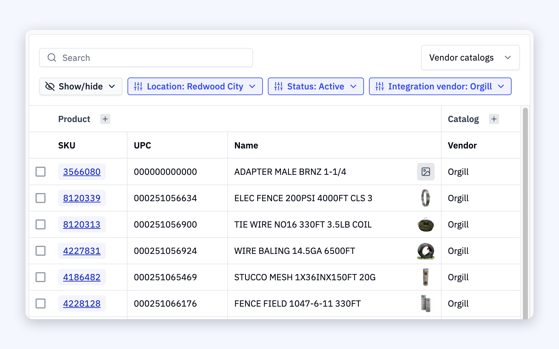 The Orgill vendor catalog in Rundoo, filtered to the Orgill integration vendor, listing SKUs, UPCs, and product names.
