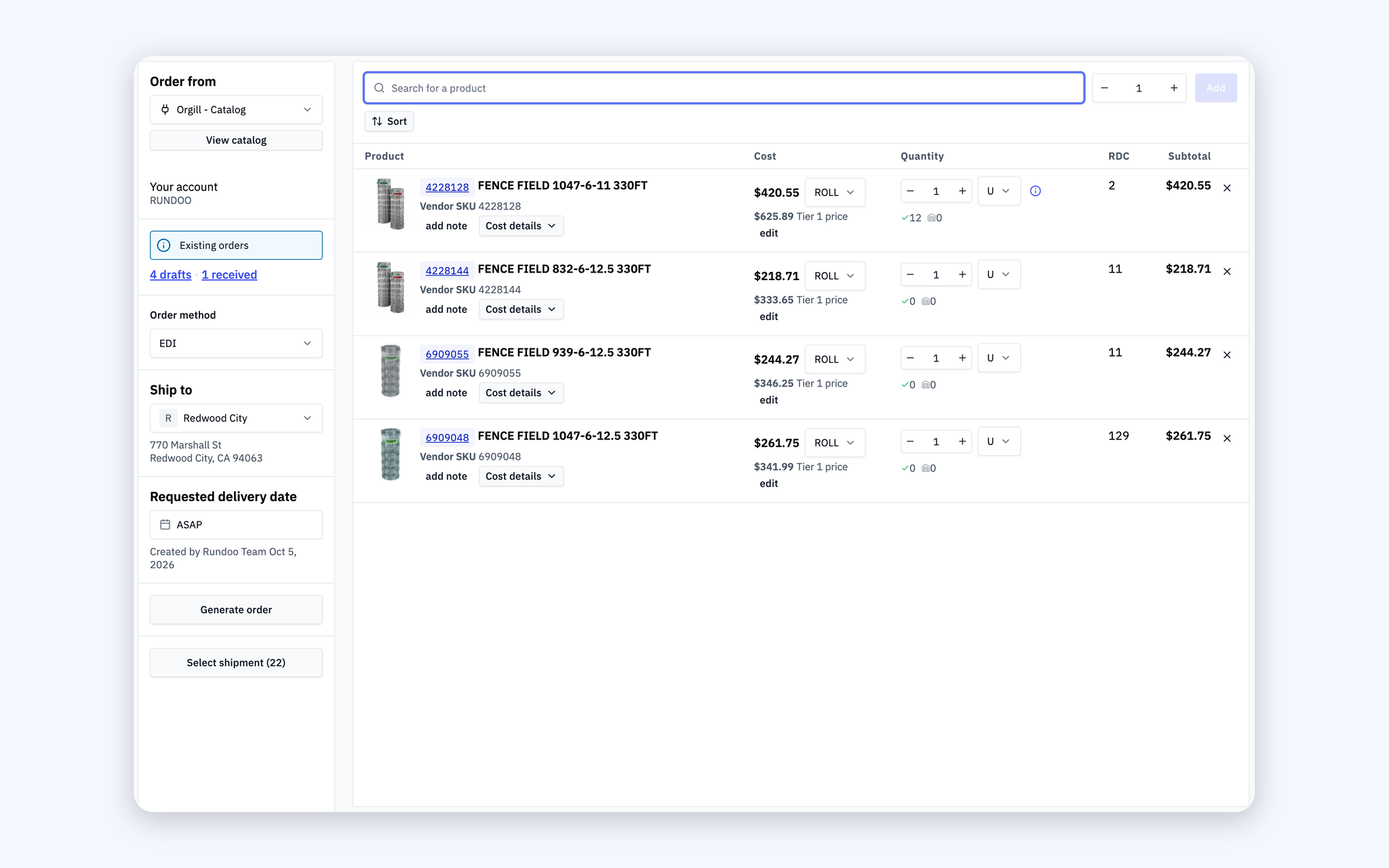 Building a purchase order from the Orgill catalog in Rundoo with the order method set to EDI.