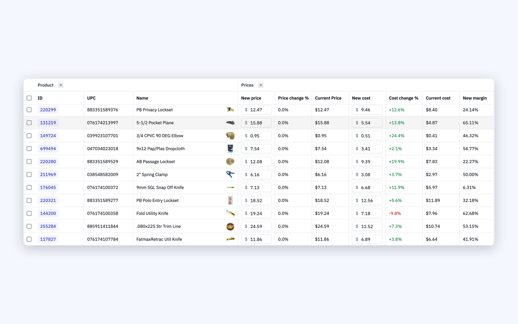 Reviewing Orgill cost and price changes in Rundoo, with new cost, cost change percentage, and new margin per item.