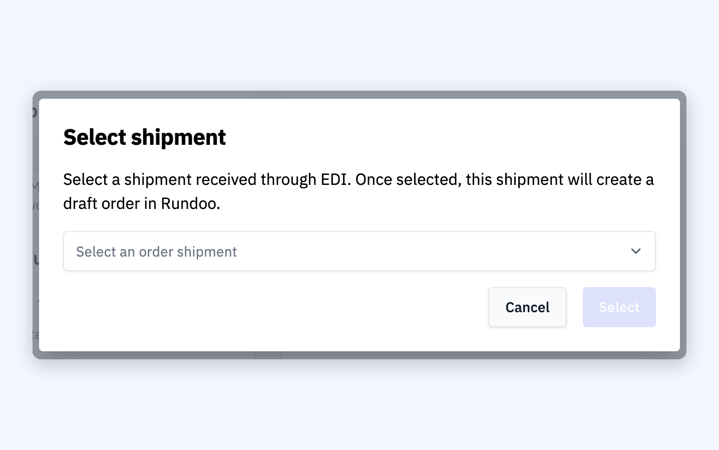 Selecting an Orgill shipment received through EDI to create a draft order in Rundoo.