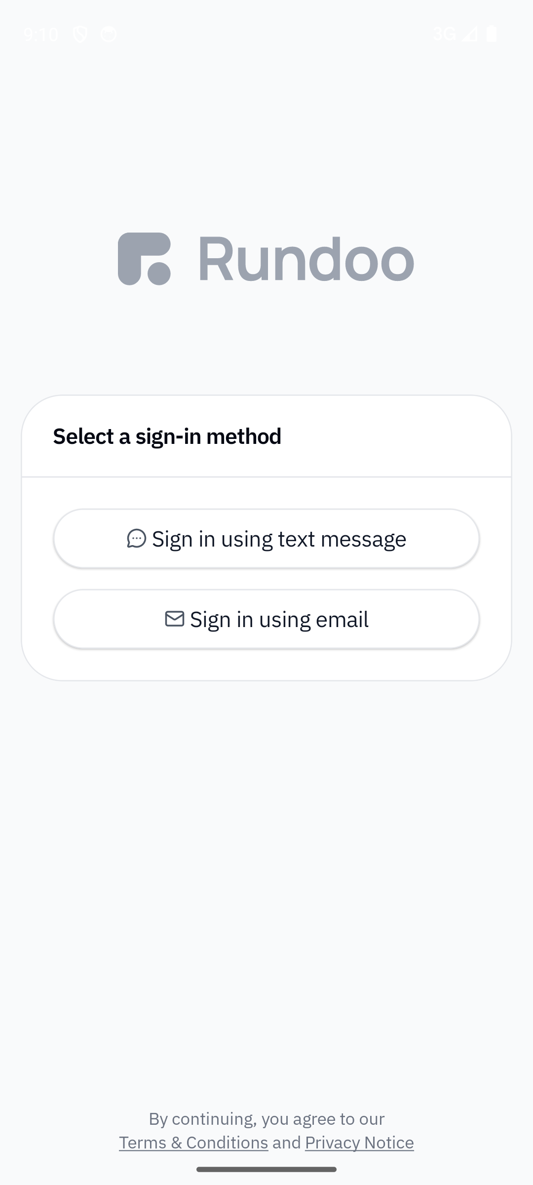 Rundoo staff mobile app sign-in screen