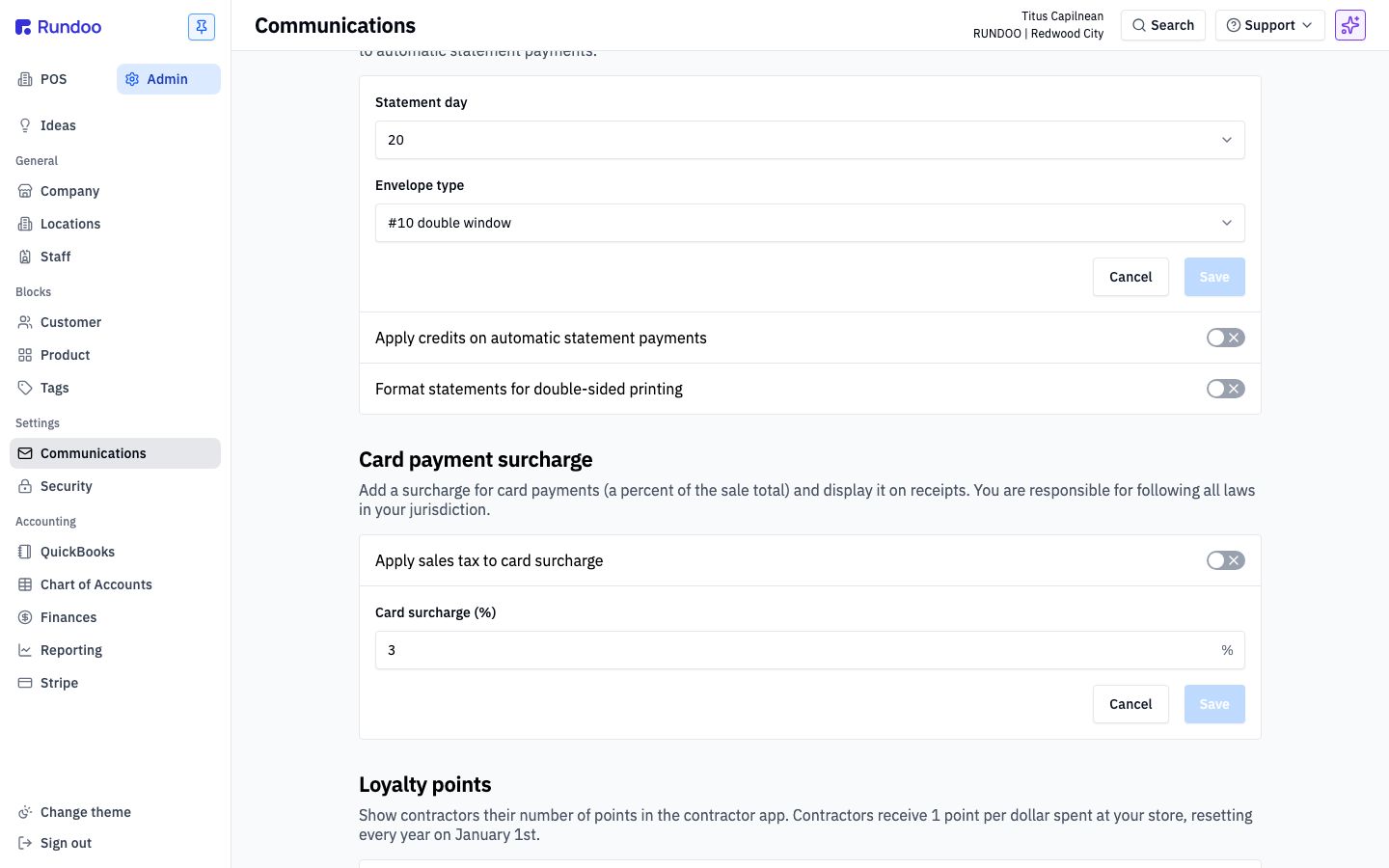 Rundoo Admin Communications page with the Card payment surcharge section set to 3%