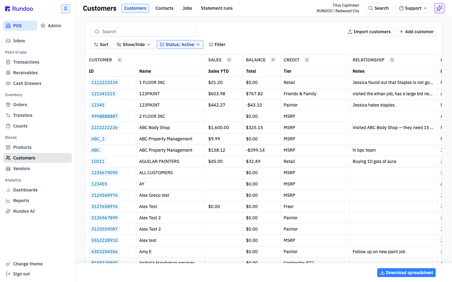 Rundoo Customers list page
