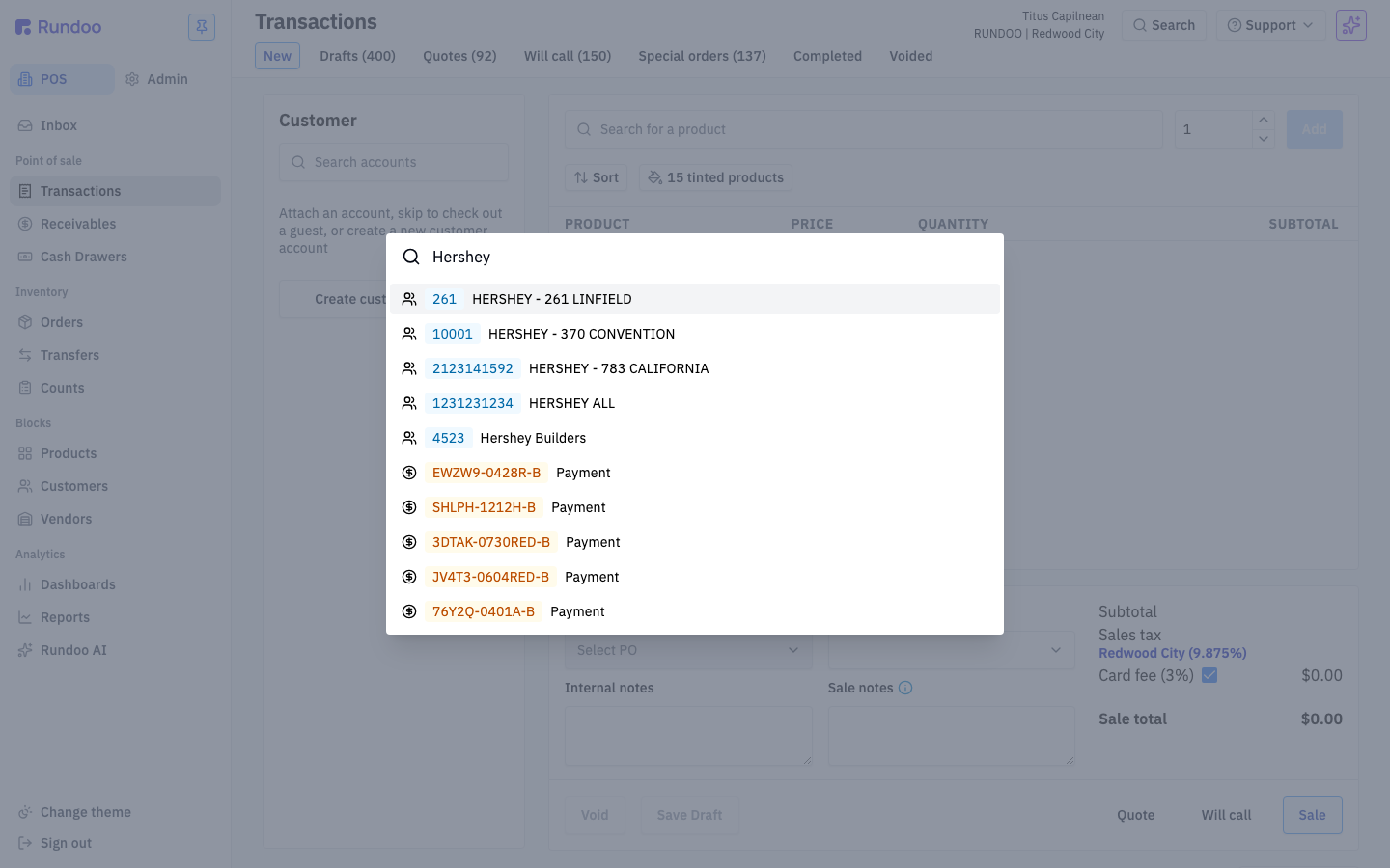 Rundoo Omni Search dropdown showing Hershey customer accounts and payment records