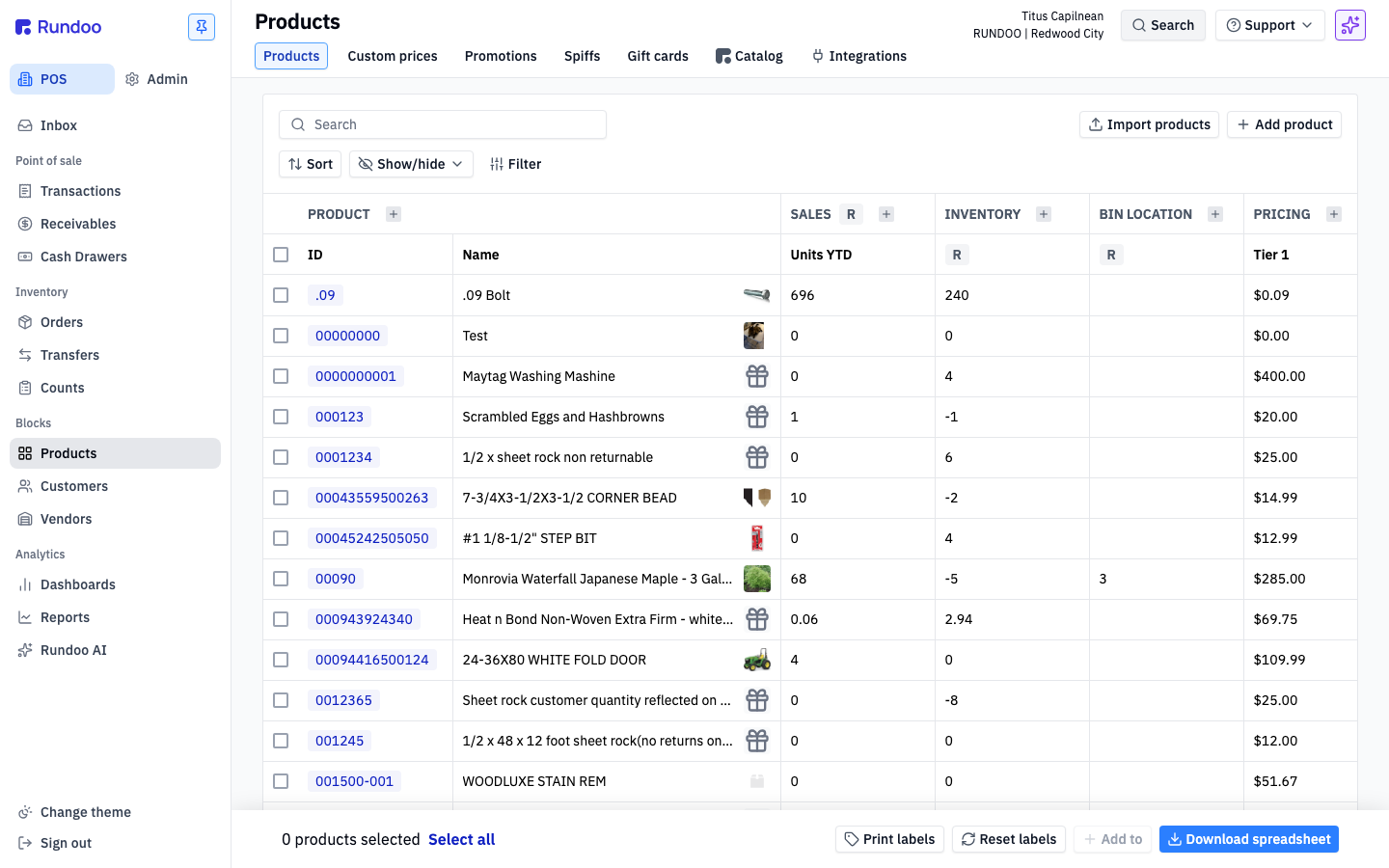 Rundoo Products list page with filter and search controls