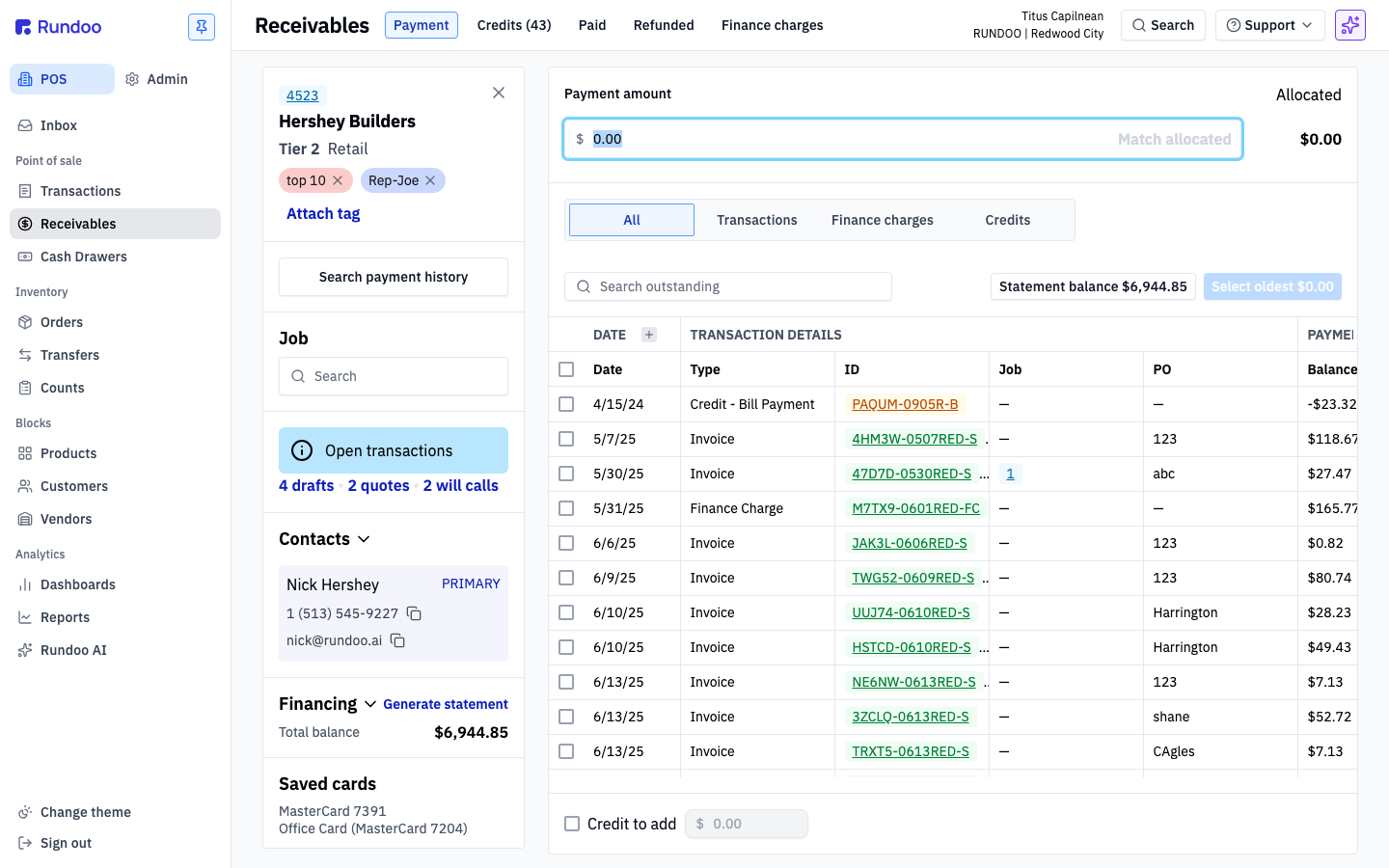 Rundoo Receivables screen with Hershey Builders attached and a populated outstanding-invoices table