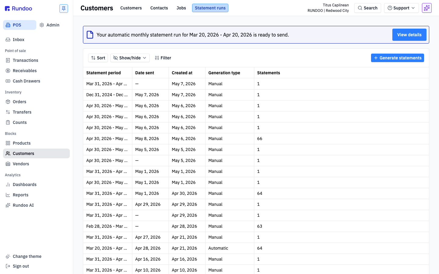 Rundoo Statement runs list with an automatic monthly run ready-to-send banner and prior runs in a table