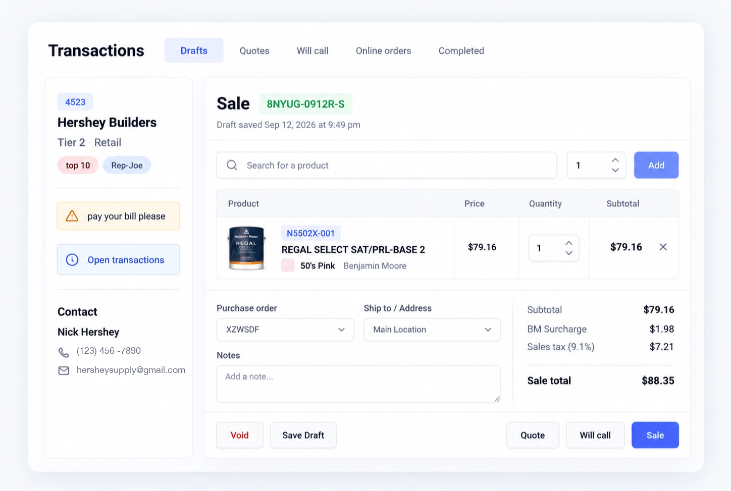 A draft sale in Rundoo with the customer, their pricing tier, the line item and the running total all on one screen.