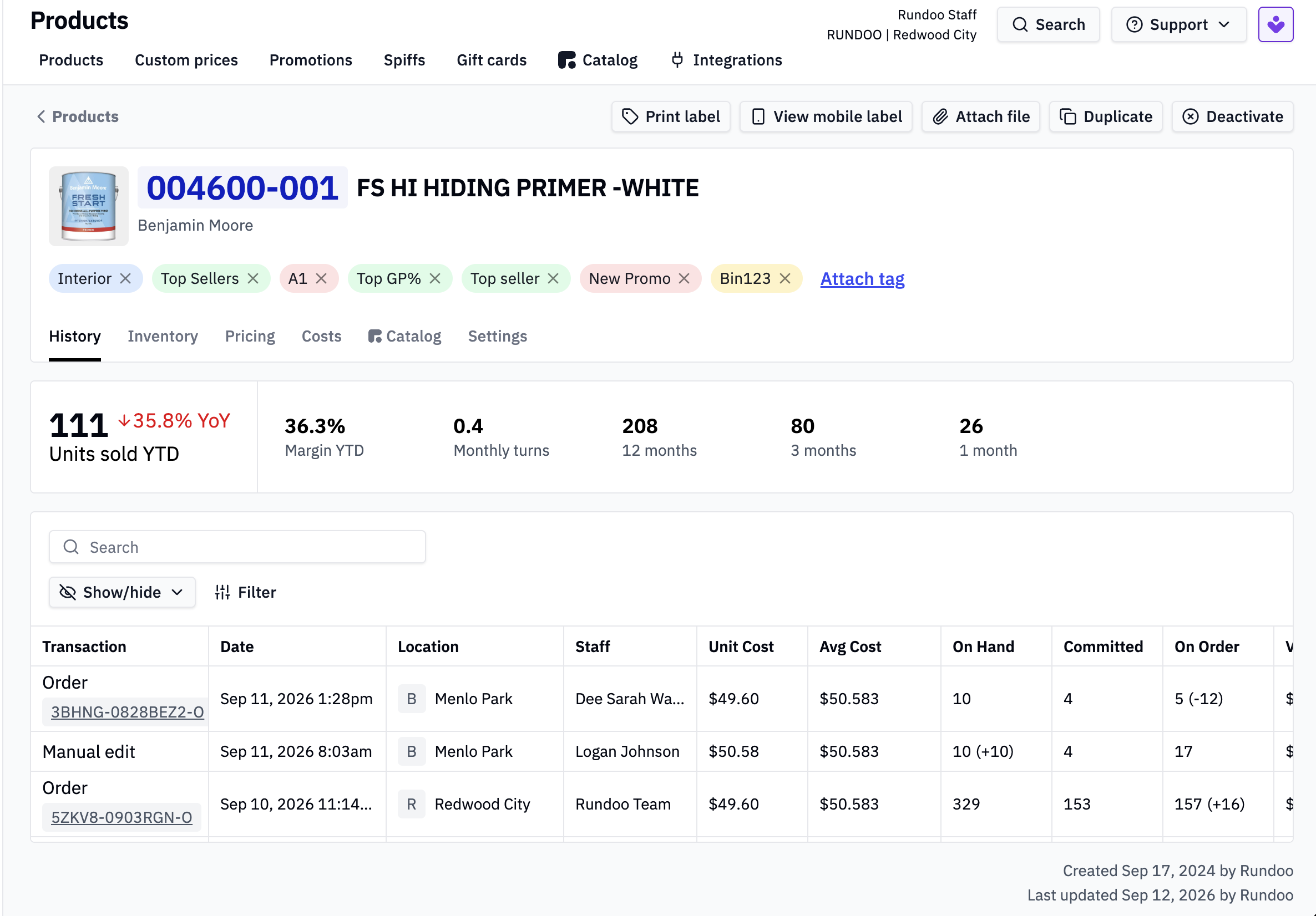 The same product in Rundoo: a detail page with units sold, margin and stock turns, then every transaction listed with its date, location, staff member, unit cost and on-hand count.
