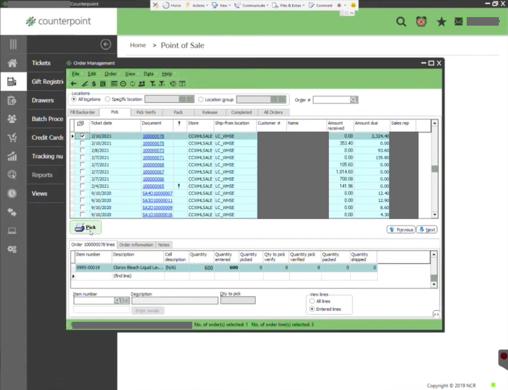 Counterpoint's Order Management window, a dense grid of orders spread across seven tabs from Fill Backorder through Pick, Pack and Release, with the order's lines in a second grid underneath.