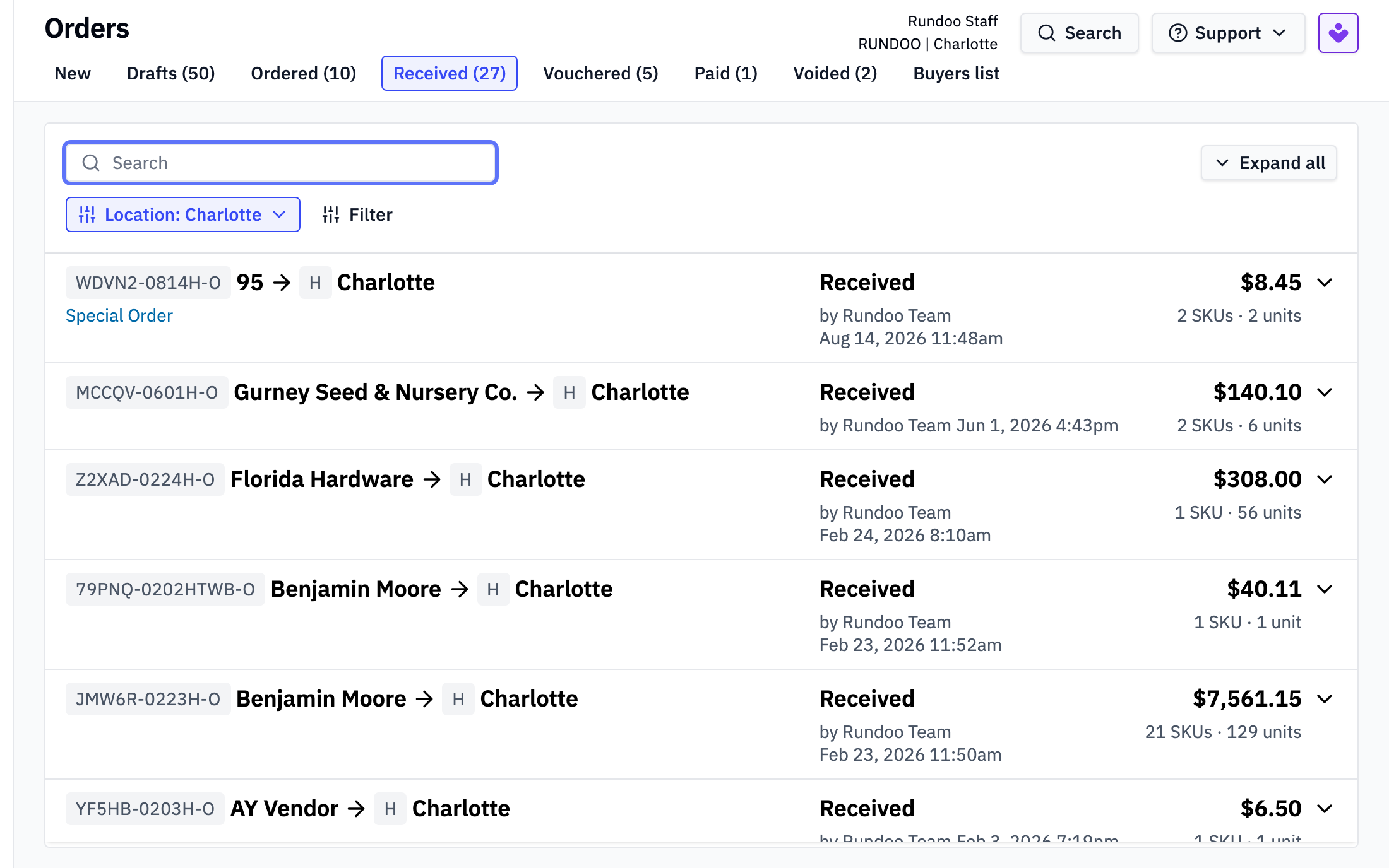 The same job in Rundoo: open will-call orders in one list, each showing the customer, who took it, the number of products and the amount.