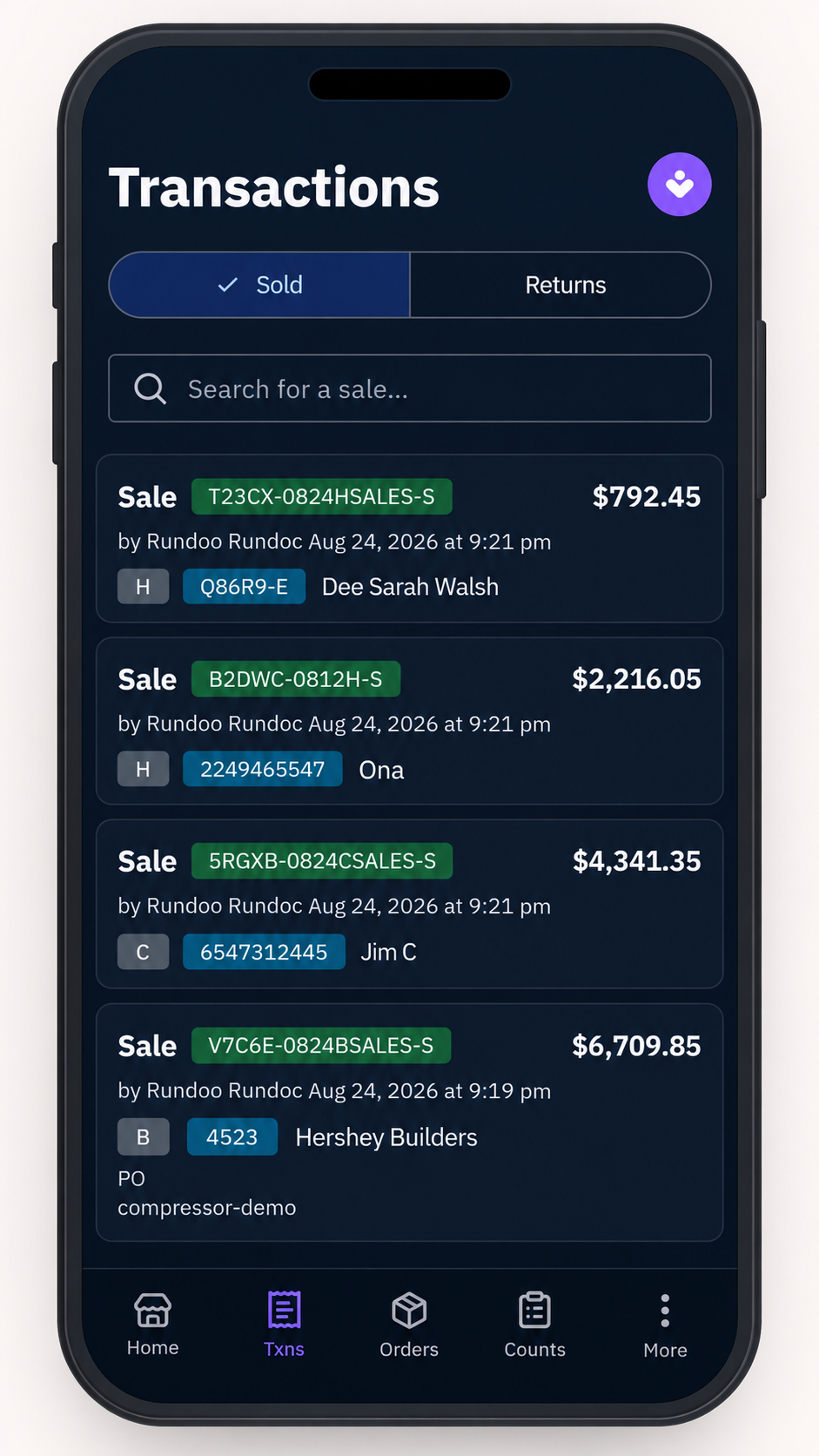 Rundoo's staff app on a phone, listing the day's sales with the amount, the staff member and the location for each.