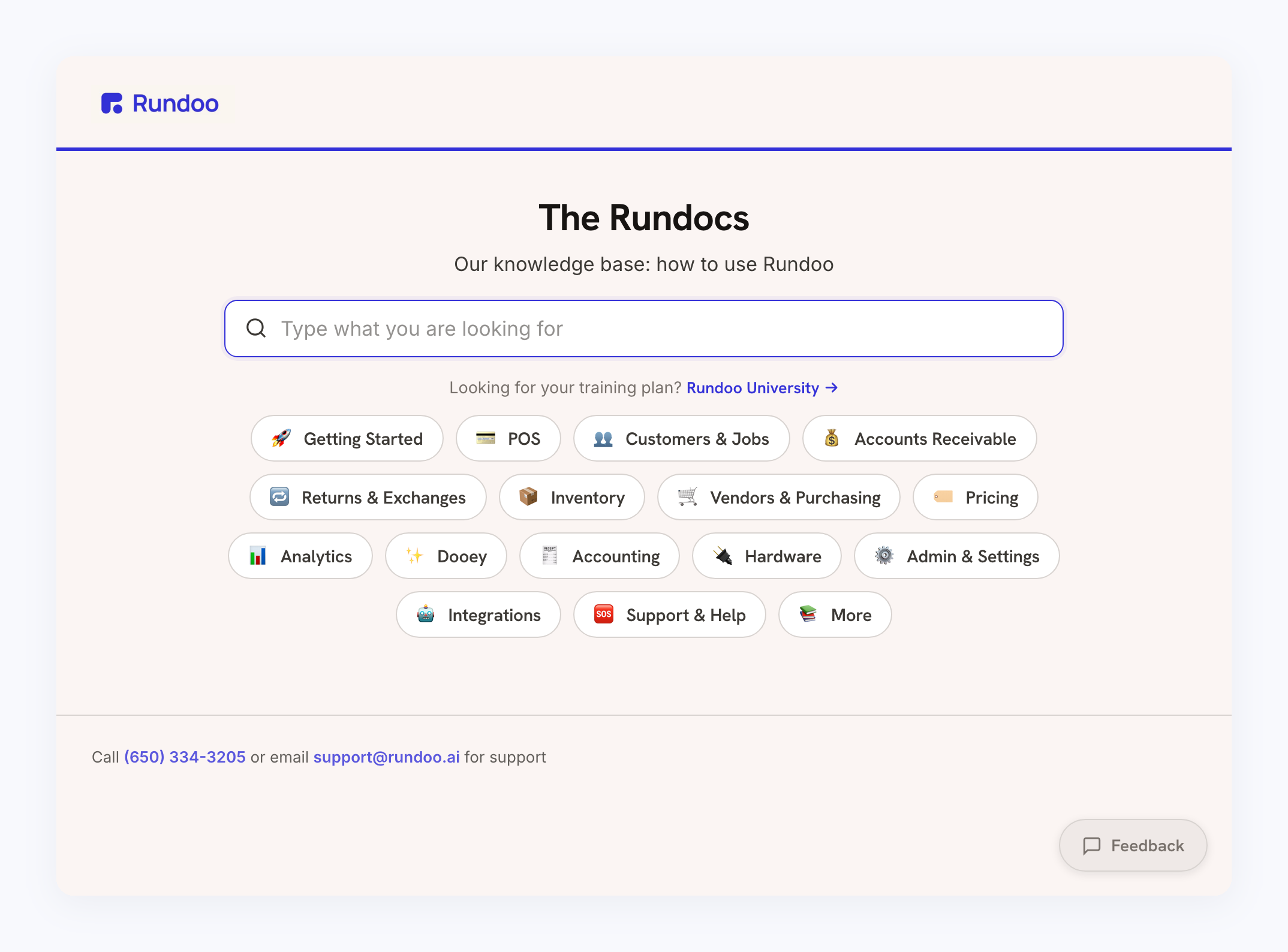 The Rundocs knowledge base home page, with a search box, topic links covering the point of sale, accounts receivable, inventory, pricing and support, and a footer giving a phone number and email address for support.