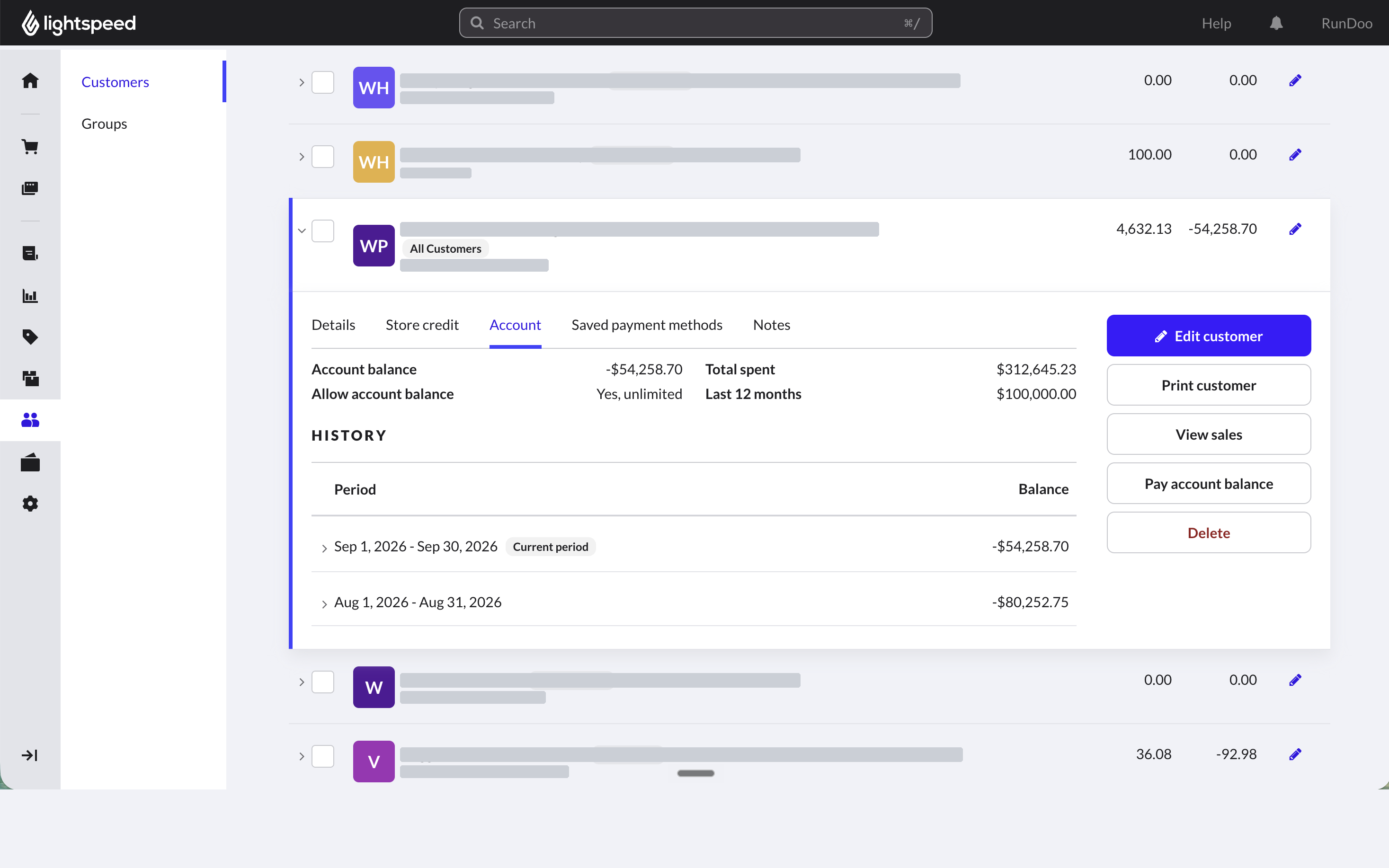Lightspeed's customer list with one account expanded, showing the account balance, whether an account balance is allowed, total spent and the last twelve months, above a two-column history listing one balance per calendar month, and an action column offering edit, print, view sales, pay account balance and delete. Five customer names and their phone numbers are covered by grey blocks.