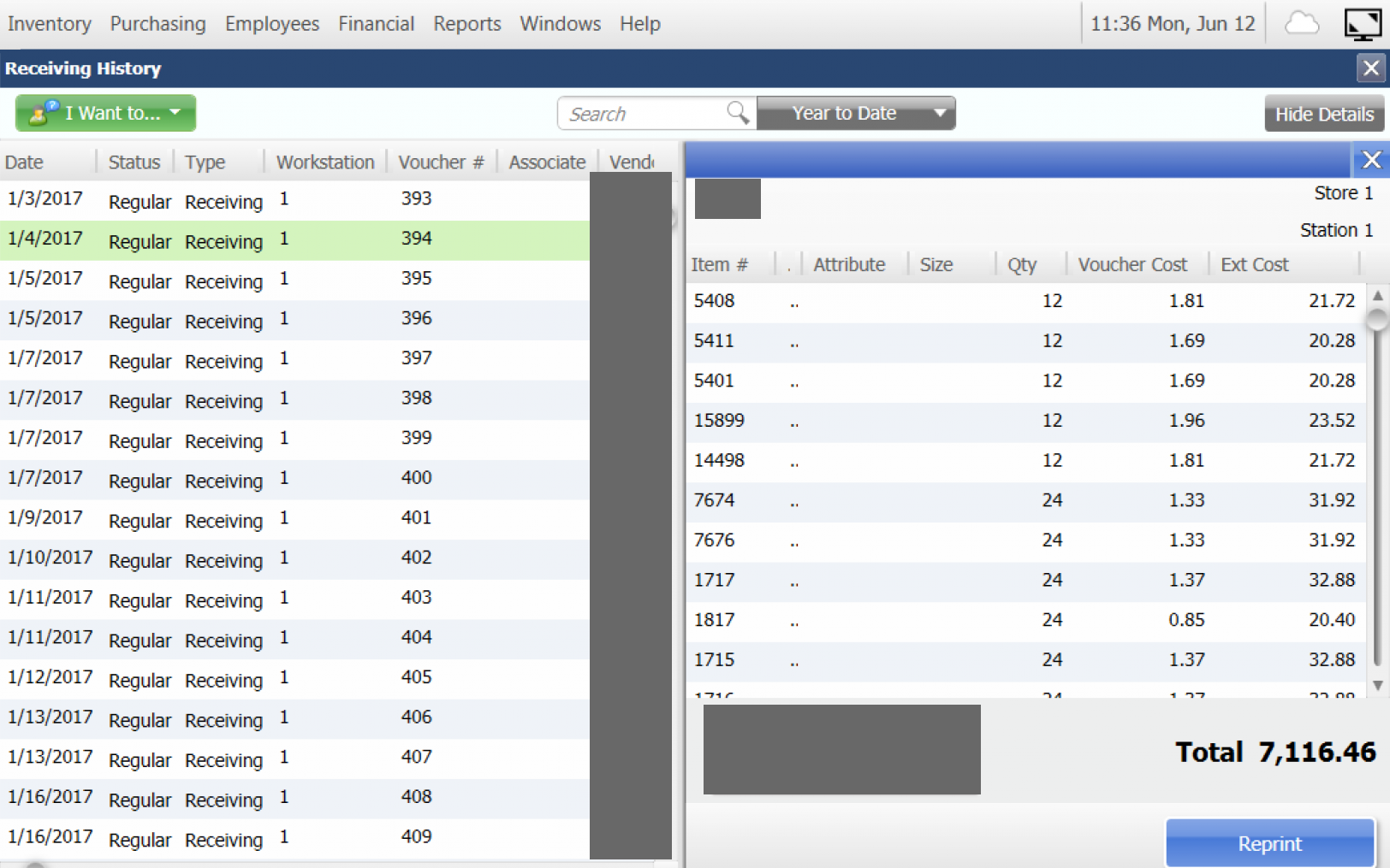 QuickBooks POS Receiving History, a dense grid keyed on date, status, type, workstation, voucher number and associate, with a detail pane beside it listing item numbers and quantities and no product names. Several fields are covered by grey redaction blocks.