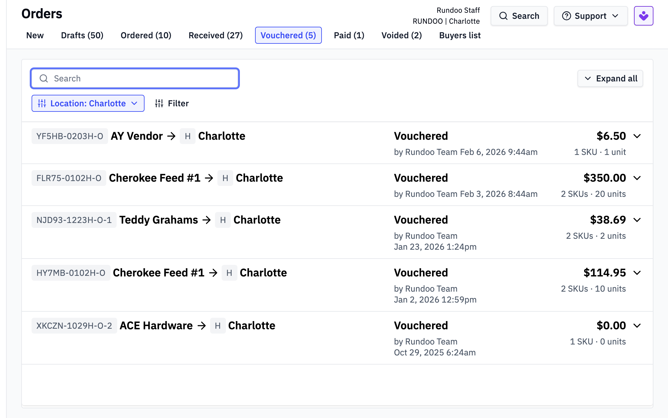 The same job in Rundoo: vouchered orders in one list, each showing the vendor, the location it shipped to, who vouchered it, the amount and the number of SKUs and units.
