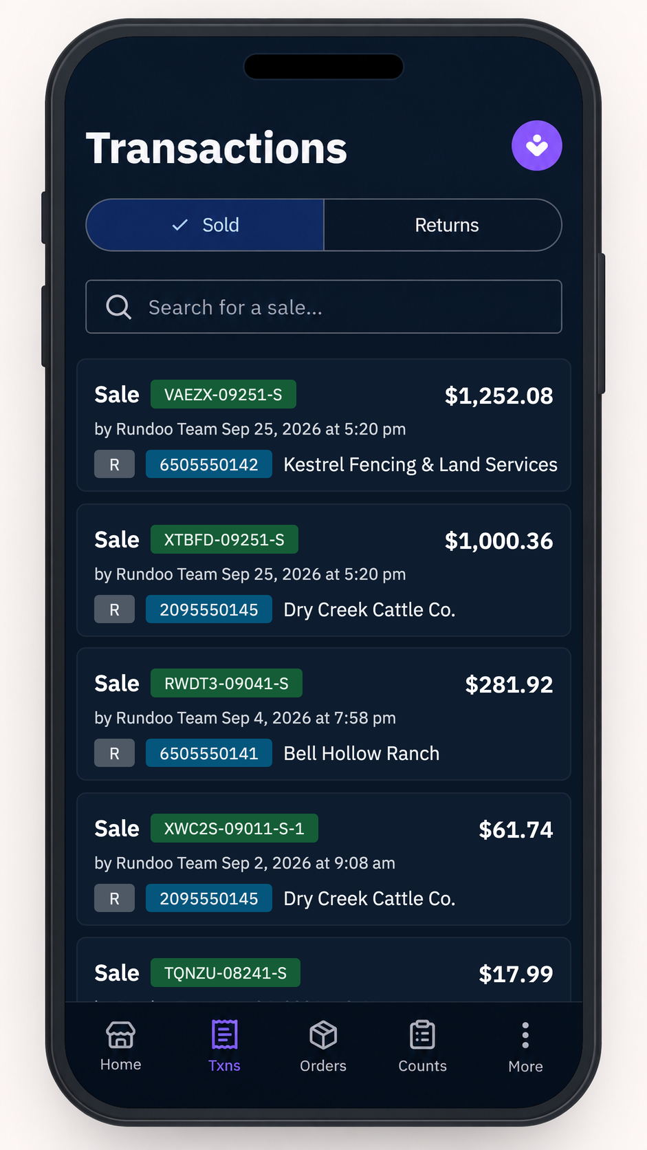 Rundoo's staff app on a phone, listing a farm and feed store's latest sales with the sale number, amount, time and customer for each, including a fencing contractor, a cattle ranch and a hobby farm.