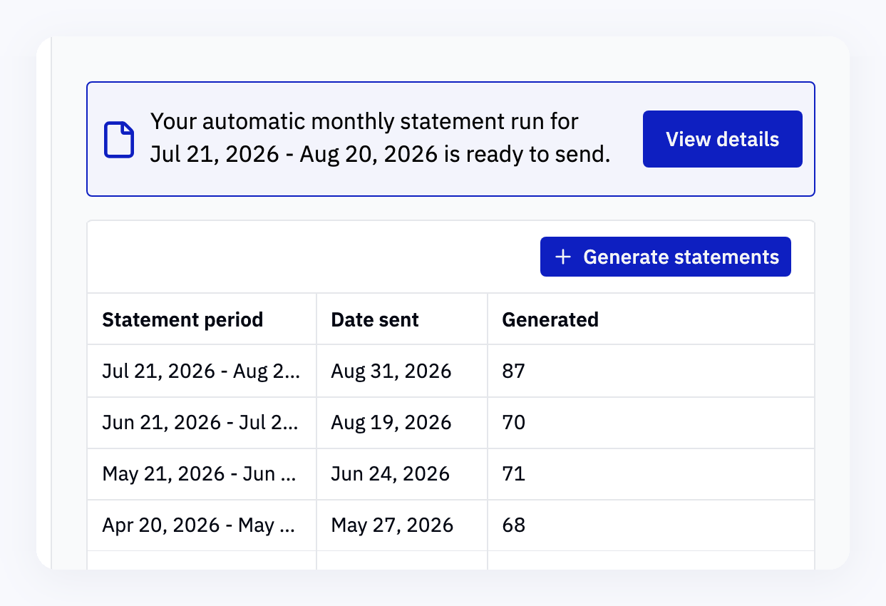 Rundoo's statement runs screen, with a notice that this month's automatic statement run is ready to send, a Generate statements button, and the last four runs showing the period, the date sent and how many statements each generated.