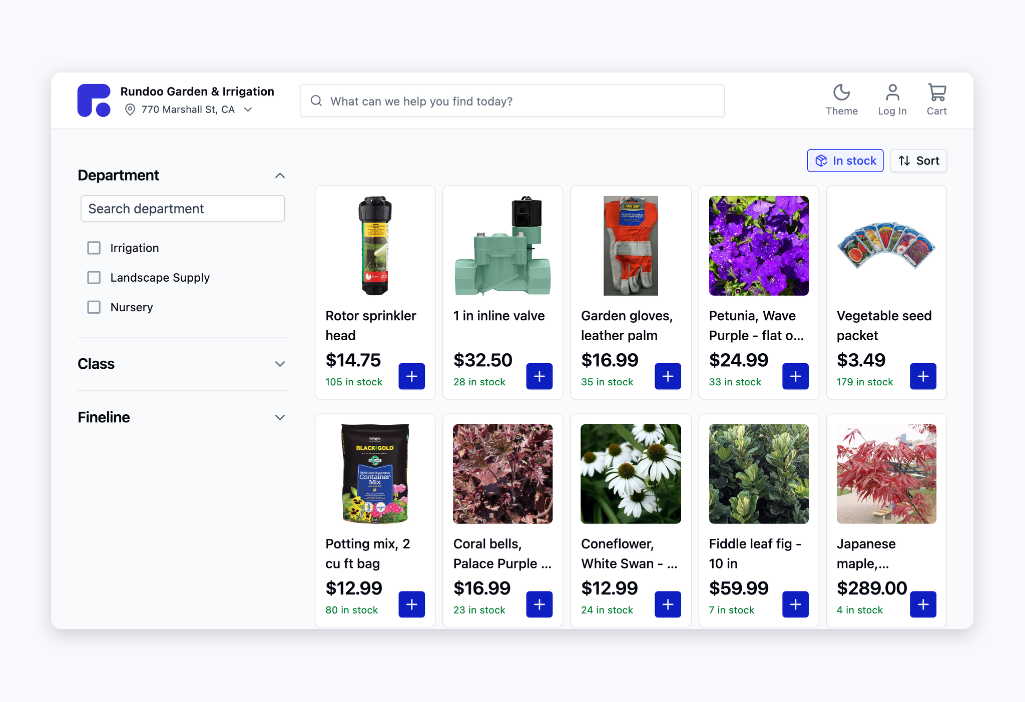 A garden centre's own Rundoo online store, listing sprinkler heads, garden gloves, petunias, potting mix and nursery stock with live stock counts, filtered by department.