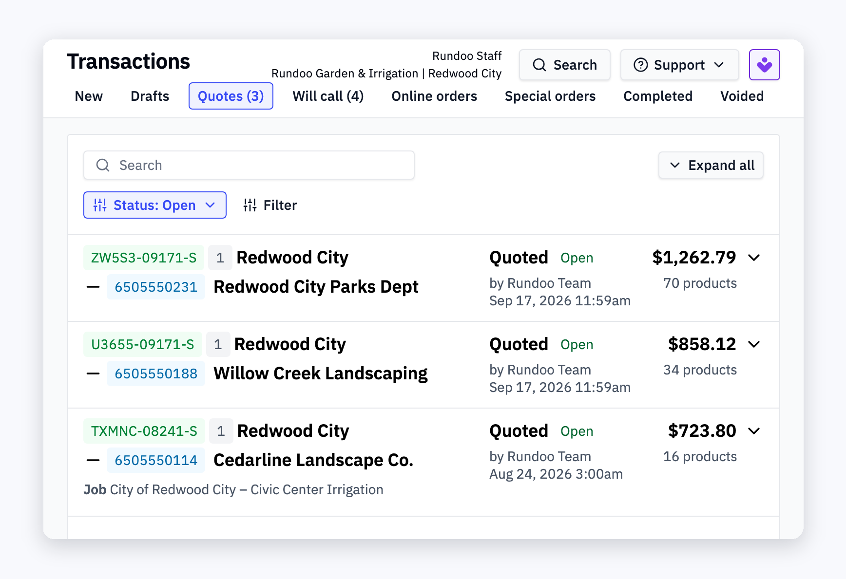 Rundoo's Quotes tab listing three open quotes, each saved against the customer who asked for it: Redwood City Parks Dept, Willow Creek Landscaping, and Cedarline Landscape Co. with its Civic Center irrigation job.